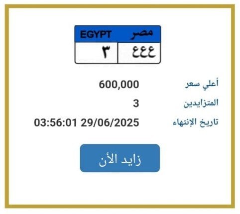 بـ 600 ألف جنيه.. المرور تطرح التزايد على لوحة سيارة مميزة